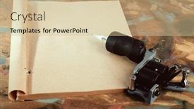  Presentation with tattoo - Colorful slide deck enhanced with machine for tattoo with old paper on table close up backdrop and a soft green colored foreground