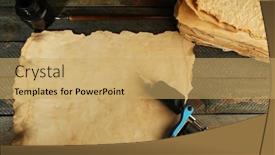  Presentation with old paper ink - Slide deck with machine for tattoo with old paper and bottle of ink on table close up background and a yellow colored foreground