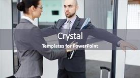  Presentation with airport security - PPT theme having machine guarding - female airport security using scanner background and a dark gray colored foreground