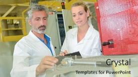  Presentation with man vs woman - PPT layouts with machine guarding - man and woman in factory background and a  colored foreground