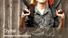  Presentation with ak 47 machine gun - Slides featuring machine guarding - portrait of soldier holding gun background and a violet colored foreground