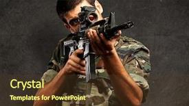  Presentation with target - Colorful slide set enhanced with machine guarding - soldier gunman aiming his target backdrop and a tawny brown colored foreground