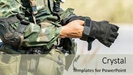  Presentation with futuristic combat soldier - PPT theme consisting of machine guarding - soldier preparation ready for war background and a mint green colored foreground