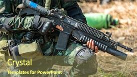  Presentation with futuristic combat soldier - Presentation theme with machine guarding - soldier preparation ready for war background and a tawny brown colored foreground