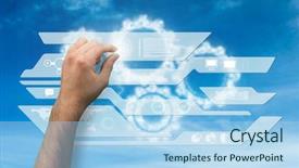  Presentation with sky - PPT theme enhanced with man machine - hand presenting against white cogs background and a light blue colored foreground