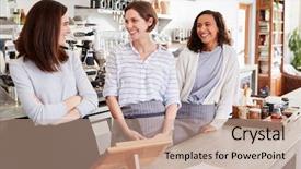  Presentation with cafe - Audience pleasing PPT theme consisting of machine leaning - three female cafe owners looking backdrop and a coral colored foreground