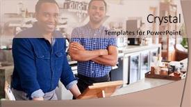  Presentation with college coffee shop - Audience pleasing slides consisting of machine leaning - two male owners behind backdrop and a soft green colored foreground