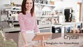  Presentation with coffee shop - PPT theme having machine leaning - young female coffee shop owner background and a coral colored foreground