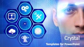  Presentation with artificial intelligence - Colorful slide deck enhanced with machine learning computer vision - artificial intelligence concept with businessman backdrop and a cobalt blue colored foreground