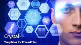  Presentation with machine learning - Colorful slide deck enhanced with machine learning computer vision - artificial intelligence concept with businessman backdrop and a royal blue colored foreground