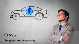  Presentation with electric car - Slide deck consisting of machine power electrical enginering - formal person thinking about electric background and a light gray colored foreground