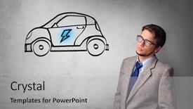  Presentation with electric car - Beautiful presentation featuring machine power electrical enginering - formal person thinking about electric backdrop and a light gray colored foreground