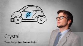  Presentation with electric car - Cool new slides with machine power electrical enginering - formal person thinking about electric backdrop and a light gray colored foreground