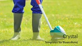  Presentation with outdoor worker safety - PPT theme featuring machine power electrical enginering - young worker mowing lawn background and a yellow colored foreground