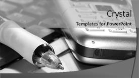  Presentation with human computer interaction mobile app - Amazing presentation theme having machine related - pen and mobile phone backdrop and a light gray colored foreground