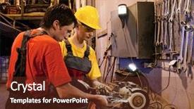  Presentation with working together - Cool new presentation theme with machine safety - man and woman working together backdrop and a tawny brown colored foreground