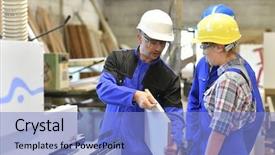  Presentation with group training - Amazing PPT theme having machine shop - group of students in woodwork backdrop and a  colored foreground