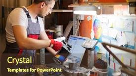  Presentation with car body repairer holding - Presentation design enhanced with machine shop - serviceman mixing paint background and a tawny brown colored foreground