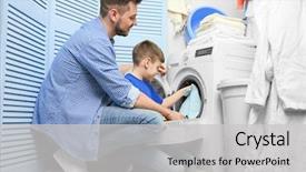  Presentation with laundry - Amazing PPT theme having machines kids - dad and son doing laundry backdrop and a light gray colored foreground