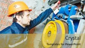  Presentation with elevator - Presentation design enhanced with machinist worker adjusting elevator mechanism background and a yellow colored foreground