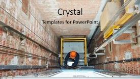  Presentation with hoist - PPT theme enhanced with machinists adjusting lift in elevator background and a soft green colored foreground