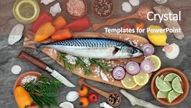  Presentation with food fish - Slides enhanced with mackerel fish health food background and a tawny brown colored foreground