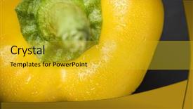 Presentation with dark grey - Theme featuring macro close up of a fresh yellow sweet pepper on dark grey background background and a gold colored foreground