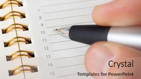  Presentation with writing pen - PPT theme having macro of hand with pen writing in organizer business background background and a soft green colored foreground