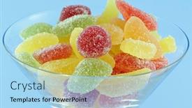  Presentation with gummy candy - Beautiful PPT theme featuring macro photo of a glass full of assortment of colorful fruity chewy gummy sweet and sour candy on bright blue background backdrop and a light blue colored foreground