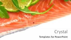  Presentation with steak - Audience pleasing theme consisting of macro photo of fresh salmon steak backdrop and a white colored foreground