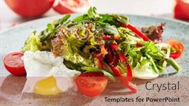  Presentation with restaurant menu - PPT theme enhanced with macro photo of mixed salad with poached egg sliced sweet bell pepper fresh lettuce leaves and cherry tomatoes restaurant starter menu with delicately cooked eggs and healthy salat close up background and a red colored foreground