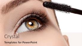  Presentation with eyelashes - Presentation design featuring macro shot of a women eye with long black eyelashes and makeup brush - studio photo background and a lemonade colored foreground