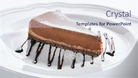  Presentation with white chocolate - Colorful presentation theme enhanced with macro shot of chocolate cheesecake on white restaurant plate isolated triangular slice of tasty homemade cocoa cheese cake with chocolate sauce on blurred background closeup backdrop and a sky blue colored foreground