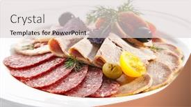  Presentation with beef pork chicken turey - Presentation design featuring macro shot of cold cuts with thin sliced salami beef tongue boiled pork and chicken roll on white restaurant plate isolated meat starter set decorated with herbs and olives closeup background and a lemonade colored foreground