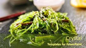  Presentation with japanese food - Slide deck having macro shot of hiyashi wakame chuka or kelp salad on natural black slate plate background seaweed food salat with sesame and nut sauce in japanese restaurant closeup background and a tawny brown colored foreground