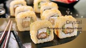  Presentation with prawn - Presentation theme consisting of macro shot of hot crispy ebi tempura maki sushi rolls with cream cheese king prawn chuka kelp salad and nori deep fried uramaki roll set on natural black stone slate background closeup background and a yellow colored foreground