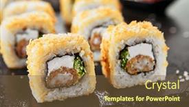  Presentation with prawn - PPT theme with macro shot of hot crispy ebi tempura maki sushi rolls with cream cheese king prawn chuka kelp salad and nori deep fried uramaki roll set on natural black stone slate background closeup background and a tawny brown colored foreground
