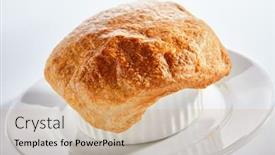 Presentation with puff pastry - PPT layouts having macro shot of julienne or potage soup with chicken and mushrooms topped with melted cheese or puff pastry on white restaurant plate isolated stew baked in white bowl with bread on top closeup background and a coral colored foreground