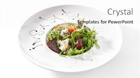  Presentation with veggie - PPT theme having macro shot of salad with beetroot rucola and gorgonzola cheese on white restaurant plate isolated veggie salat bowl with cooked beets fresh arugula and tomatoes closeup background and a white colored foreground