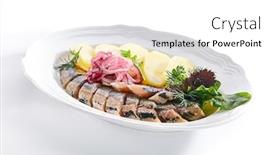  Presentation with green plate - Cool new PPT layouts with macro shot of salted soused herring onion rings and boiled diced potato on elegant restaurant plate isolated thick pieces of raw marinated fish fillet decorated with green dill closeup backdrop and a white colored foreground