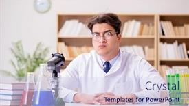  Presentation with mad scientist - Amazing PPT layouts having mad crazy scientist doctor doing experiments in a laboratory backdrop and a sky blue colored foreground