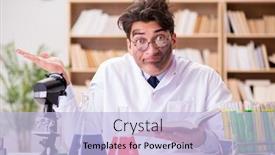  Presentation with mad scientist - Presentation theme consisting of mad crazy scientist doctor doing experiments in a laboratory background and a light blue colored foreground