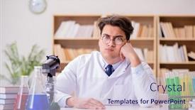  Presentation with mad scientist - Slide deck enhanced with mad crazy scientist doctor doing experiments in a laboratory background and a sky blue colored foreground