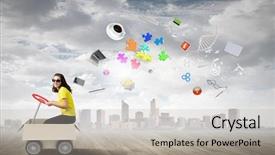  Presentation with box carton - Amazing slides having mad kids - young funny woman riding backdrop and a  colored foreground