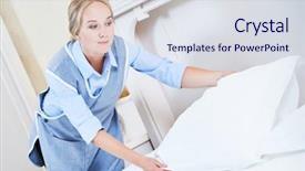  Presentation with hotel housekeeping - Slide deck with made making bed in hotel background and a sky blue colored foreground