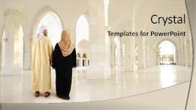  Presentation with modern building - Beautiful PPT theme featuring muslim arabic couple inside big backdrop and a lemonade colored foreground
