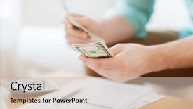  Presentation with money notes - Slides featuring savings finances economy and home concept - close up of man with calculator counting money and making notes at home background and a soft green colored foreground