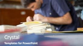  Presentation with closeup of a paper boat - Beautiful PPT theme featuring mading books - closeup of stacked papers backdrop and a ocean colored foreground