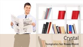  Presentation with attention - Presentation theme consisting of mading books - man holding a newspaper background and a lemonade colored foreground