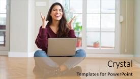  Presentation with young man holdng laptop on lap money - Cool new presentation theme with madness - young woman using computer laptop backdrop and a coral colored foreground